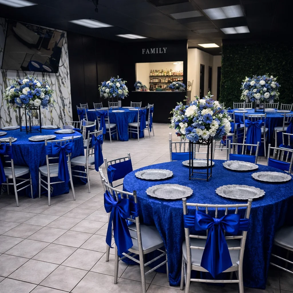 Royal blue event room setup